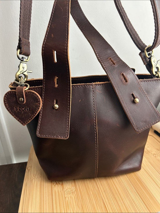 S-Zone Handbags - S-Zone Brown Canvas Genuine Leather Handbag/Crossbody w/ bag charm